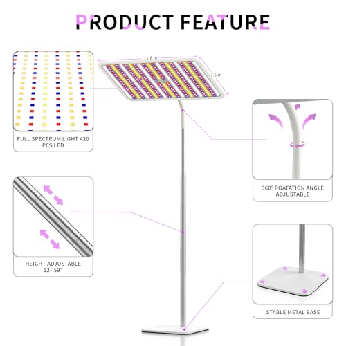 Image of BESTVA 48W Grow Lights for Indoor Plants with Stand, Full Spectrum LED Plant Light for Indoor Plants,12-59 Inches Height Adjustable Growing Lamp with Auto On /Off Timer 4H /8H /12H, 4 Dimmable Brightness