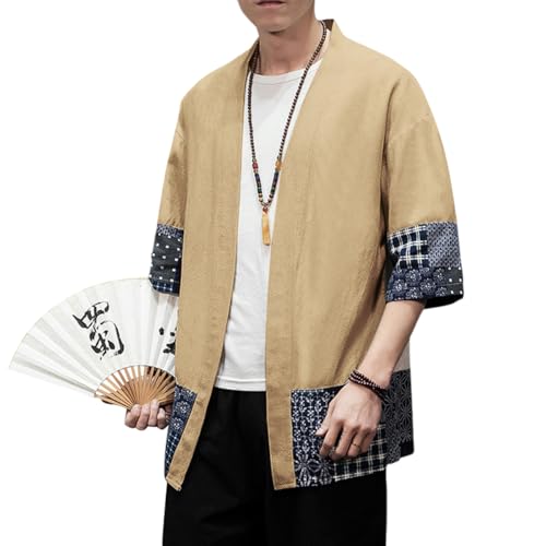 Image of PRIJOUHE Men's Kimono Jackets Cardigan Lightweight Casual Cotton Blends Linen Seven Sleeves Open Front Coat Outwear