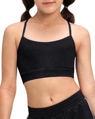 Stelle Girls Sports Bra Training Bra Spaghetti Strap Y Back Bra Yoga Crop Top for Teens Kids(Black L)