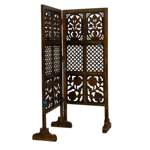 Image of Wooden Room Partition Screen with Burnt Wood Finish | Hand Buffed Traditional Handicraft Room Divider | 6 Ft Height Indoor Room Separator (2 Panel 4 Feet with Stands)