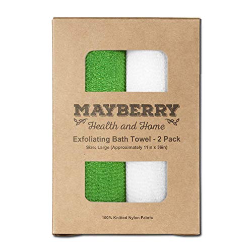 Extra Long (36 Inches) Exfoliating Bath Cloth (2 Pack) Green and White Nylon Bath Towel, Stitching on All Sides for Added Durability
