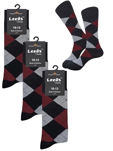 DIAMOND ARGYLE FORMAL DRESS SOCKS BURGUNDY 3 PAIRS NATURAL COTTON SIZE 10-13 - Main Image