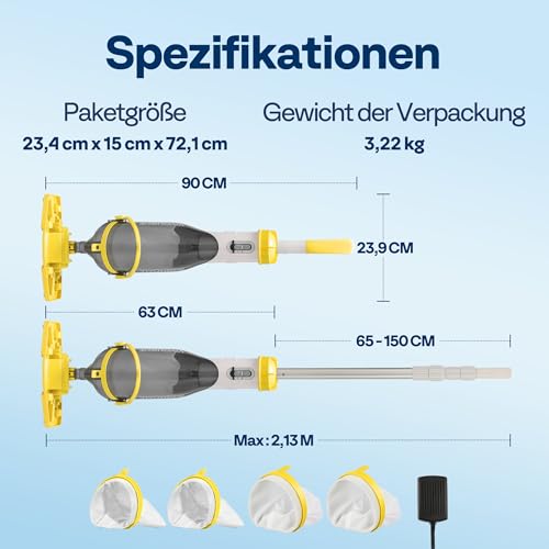VIVOHOME Cordless Pool Vacuum with Telescopic Pole, Powerful Suction up to 18.5 GPM, 60 Mins Running Time, Handheld Rechargeable Swimming Pool Cleaner for Pools/Spas/Hot Tubs - Yellow by VIVOHOME - Image 7