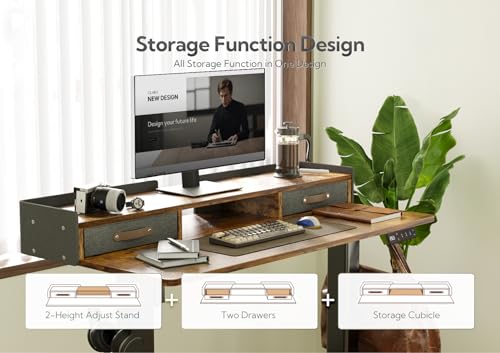 Image of Claiks Standing Desk with Drawers & Wheels, 2 Height Shelf 48 inch Rustic Brown