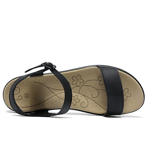 Women's Classic Flat Sandals Leather Open Toes Memory Foam One Band Ankle Strap Adjustable Slip On Shoes3