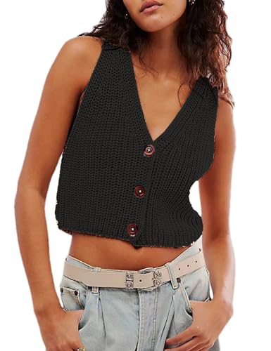 Image of Womens Cropped Sweaters Vest Button Down V Neck Knit Sleeveless Crop Sweater 2025 Summer Casual Tank Tops