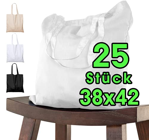 ELES VIDA Sac en coton à peindre 38x42-25 pièces blanc pour enfants avec poignée COURTE - non imprimé certifié OEKO-TEX® - sac en tissu, en tissu, sac en...