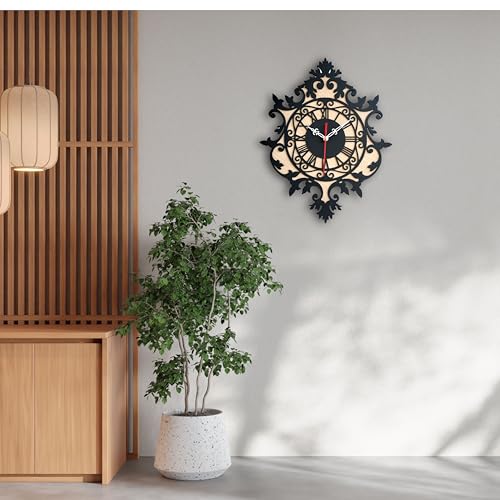 Image of Antique Geometric Design Handmade Wood Wall Clock, Big Size Modern Wall Clock for Home Decor (Black, and Rose Wood) Size 30Cm X 39Cm, MBCL01