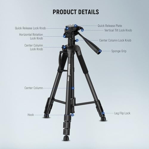 Image of NEEWER Basics TP05 74 inch Video Tripod Monopod, 3 Way Pan Tilt Head Phone Holder Compatible with iPhone DSLR, Travel Recording Stand, Overhead Camera Mount, Crossbar, 17.6lb Load