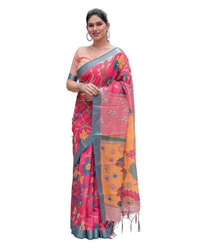 Image of Kaugalian store Linen Cotton Floral Printed Saree for Women with Unstitched Blouse Piece | 5.5 M Saree & 0.8 M Blouse
