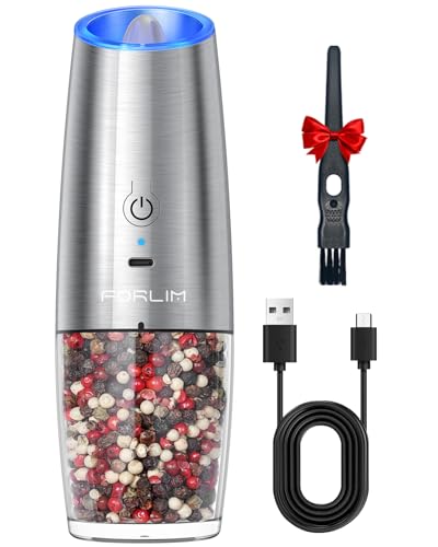 FORLIM Molinillo Pimienta Eléctrico, USB Recargable, Molinillo Sal de 6oz, Con luz LED, Operación con una Mano, Grueso Ajustable, Molido Automático por Gravedad, Acero Inoxidable, 1 Pieza (Plata)
