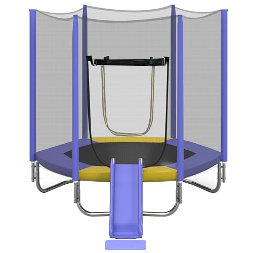 Merax 7ft Kids Trampoline with Slide,Enclosure Net and Ladder, Climb ‘n Slide Small Toddler Trampoline Indoor Outdoor for Kids Purple