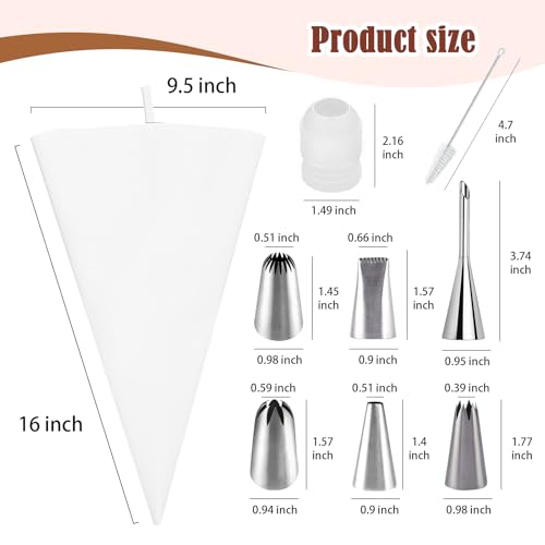 9-Piece Reusable Piping Bags and Tips Set-16inch Cotton Baking Kit with Coupler, Stainless Steel Nozzles & Cleaner for Cakes/Cupcakes/Cookies Decorating