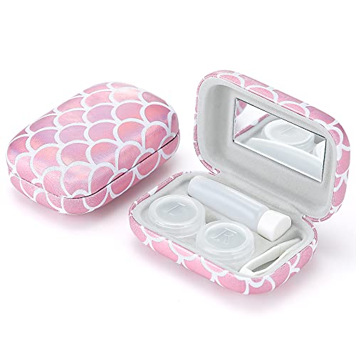 Muf Fish Scale Contact Lens Case,Portable Contact Lens Travel Kit With Mirror,Container,Tweezer,Contact Lens Solution Bottle,Compact Soak Storage Kit For Travel Outdoors Daily Use,Pink Sparkles cover