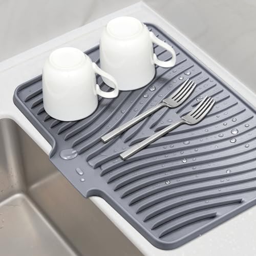 TIKNIK Silicone Dish Drying Mat, Stone Drying Mat for Kitchen Counter with Built-In Drain, Non-Slip Drain Pad with Built-in Drain, Heat Resistant Stone Drying Mat, Hangable, Grey-1pcs, 16' x 12'
