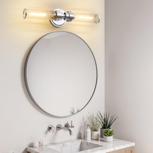 Image of Bathroom Light Fixtures, Chrome Wall Sconce in Threaded Glass Indoor Vanity Lights, Modern Bathroom Vanity Light Up and Down Sconces Wall Lighting for Bathroom, Living Room - Bulb Not Included