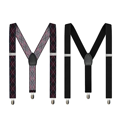 Anshili 2 Stücke Herren Hosenträger mit Krawatte 3 Clips Y-Form 3.5 cm Breit (Schwarz+Rot) Cover