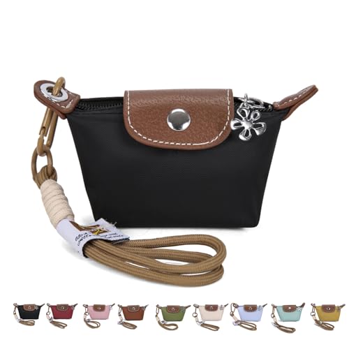 Fashion Mini Coin Purse for Women, Nylon Change Purse Zipper Wallet with Keychain for Cards, Cash, and Coins (Black)