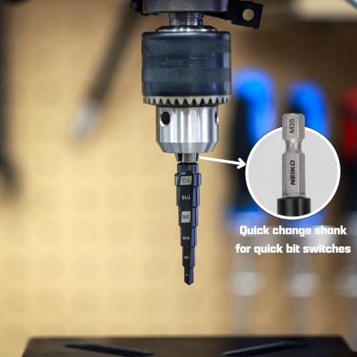 Image of NEIKO 10608B Step Drill Bit, 9 Steps 1 /4 inch to 3 /4 inch Spiral M35 Cobalt, AlTiSiN Coated, 1 /4 inch Quick Change Step Bits for Steel, Metal, Wood, Plastic, Unibit Cone Drill Bits, Two Flute