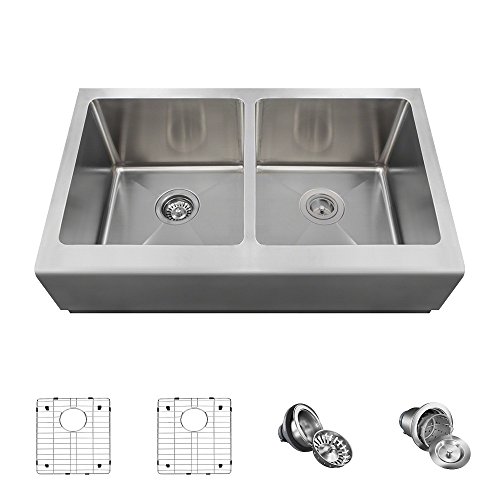 MR Direct Stainless Steel 406-16-ENS Farmhouse Apron Front 32-3/4 in. Double Bowl Kitchen SinkEnsemble, Ensemble