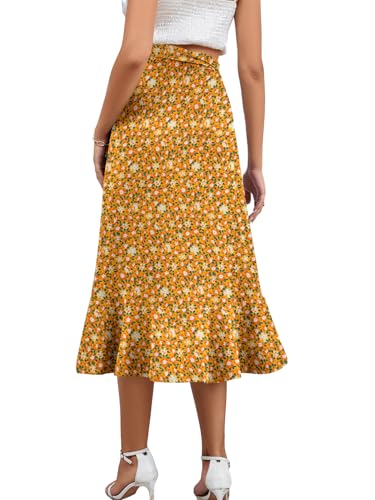 Image of LYANER Women's Boho Floral Print Wrap Front Self Tie Knot Ruffle Hem Split Midi Skirt