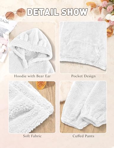 Image of Shallmu Girls Fuzzy Bear Ear Plaid Hoodie Pullover Sweatshirt with Pocket Sweatpants Fall Winter 2 Piece Outfits