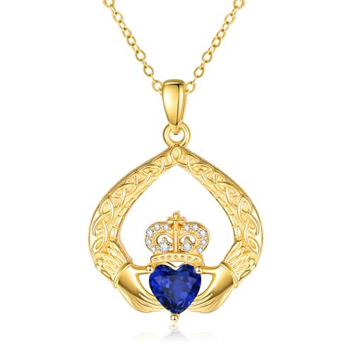 Birthstone Claddagh Necklace for Women,14k Gold Plated Claddagh Birthstone Pendant Irish Jewelry Anniversary Wedding Birthday Gifts for Women