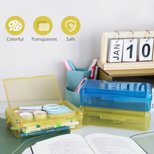 Image of 1 Pack Double Layer Hard Pencil Cases, Plastic Translucent Pencil Box with Snap-Tight Lid for Pens, Pencils, School, Stylish Office Supplies Storage Organizer Box,Medium-sized (Yellow)