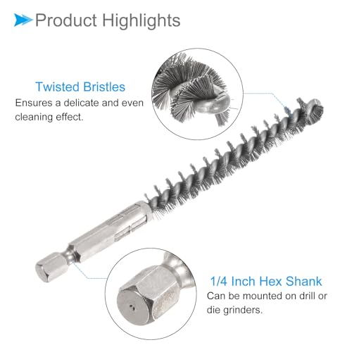 Image of Bore Brush, 10mm Dia 75mm Length, Stainless Steel Twisted Cleaning Wire Brushes with 1 /4 inch Hex Shank - (Applications: for Power Drill)
