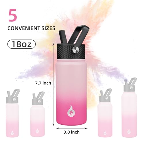 Image of BJPKPK Insulated Water Bottles with Straw Lid, 18oz Stainless Steel Metal Water Bottle, Cold Hot Thermo with 3 Lids, Leak Proof BPA Free Travel Cup, Wide Mouth Flasks, Thermo -Cherry