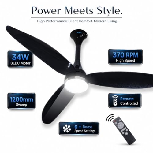 Image of XUGA Ziora F9D BLDC Ceiling Fan, 1200mm, 34W Energy Saving, 370 RPM, 235 CMM Air Delivery, Remote Control, LED Light, 6 + Boost Speed, Copper Motor, Premium Black
