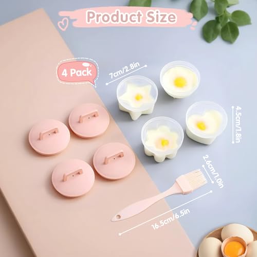 Teeloray Egg Poacher Cups, 4 Pcs Poached Egg Cooker with Lid and Oil Brush Egg Coddler 4 Shapes Reusable Egg Molds, BPA Free Nonstick Egg Poaching Cups for Boiled Eggs Without Shell, Pink