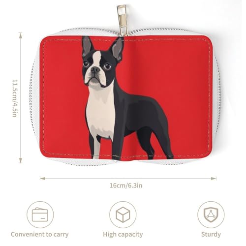 Small Pu Leather Zipper Wallet for Men Women, Boston Terrier Dog Red Card Organizer Case with 20 Slots Mini Credit Card Holder3