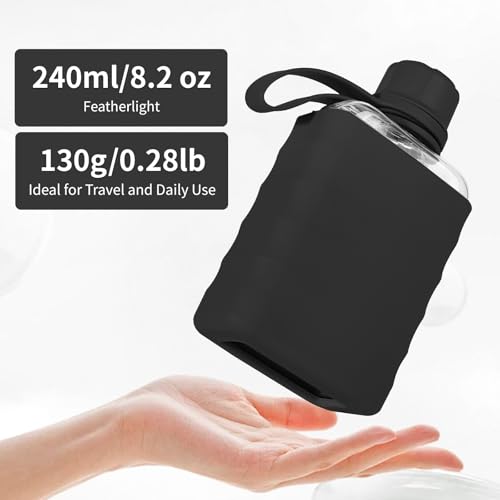 IDIDG Small Flask Cantimplora pequeña moderna con funda de silicona, botella portátil de viaje transparente de plástico Tritan sin BPA, 8.2 oz, color negro miniatura 3
