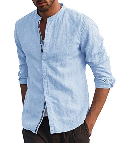 Runcati Herren Langarmhemd Baumwolle Stehkragen Freizeithemd Leicht Leinen Hemd Lässig Sommer Tops, Blau, M