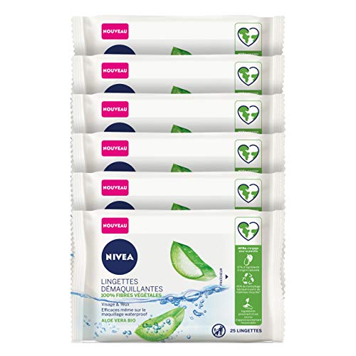 NIVEA Desmaquillante de aloe vera 100% fibra vegetal (6 x 25 piezas), removedor facial para todo tipo de piel, toallitas de limpieza biodegradables, paquete de 150 unidades