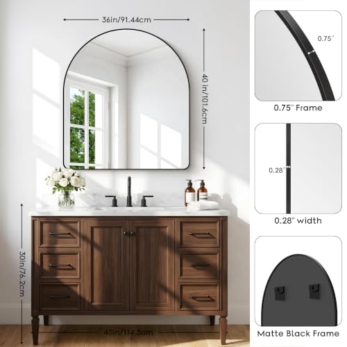 Image of BONEWEI Arched Wall Mirror,36x40 inch Black Arched Mirror Bathroom,Vanity Mirror for Over Sink Metal Frame,Tempered Glass Arch Mirrors for Bedroom,Entryway,Living Room,Home Decor Shatter-Proof