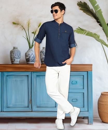 Image of Kuons Avenue Men's Denim Casual Short Kurta | Mandarin Collar | Full Sleeves | Tailored Fit- Stylish Ethnic Wear