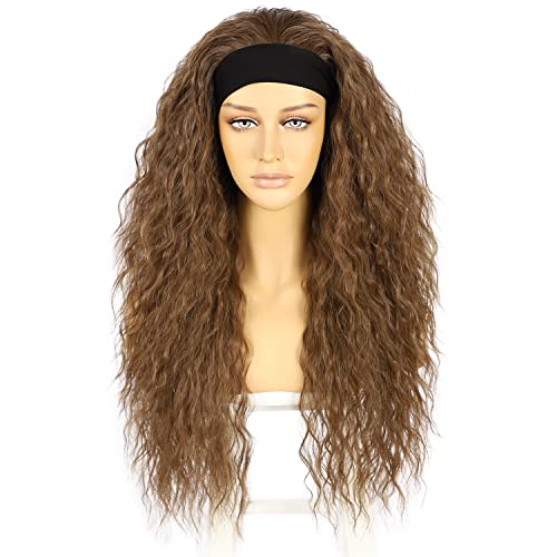 Sapphirewigs Curly Headband Wig Golden Brown Synthetic Hair Loose Water Wave Headband Wigs for Women Glueless 150% Density 26 inch - Image 4
