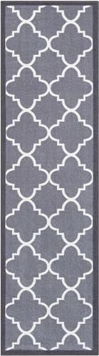Well Woven Kings Court Brooklyn Trellis Grey - Non-Slip Rubber Backed Moroccan 2x7 Runner Rug - Hallway, Entryway & Kitchen - Kid & Pet Friendly, Easy-to-Clean, Machine-Washable, Low Looped Pile