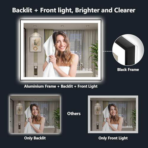 Image of 40x36 Inch LED Bathroom Mirror with Lights (Front Lit and Backlit) Black Framed Lighted Vanity Mirror for Bathroom Wall Dimmable Anti-Fog Memory Tempered Glass Horizontal /Vertical