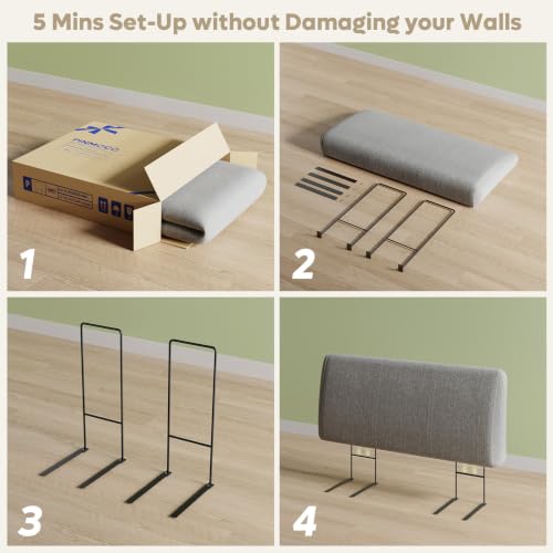 Image of Pinmoco 4.7 inch Headboard for Full Size Bed, No Drill Needed, Gray | 5-Min Assembly, Upholstered Headboard for 8-14 Inch Mattress, Washable Cover, Perfect for Renters Dorm Kids Pet