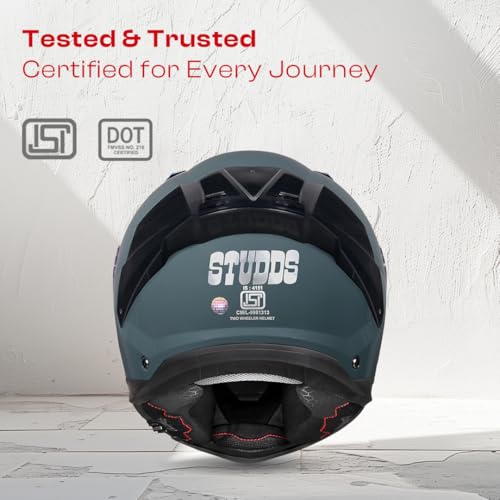 Image of STUDDS Helios ISI and DOT Certified Full Face Helmet with Antifog 100 Lens, Sporty Spoiler (Shark Skin Blue - L)