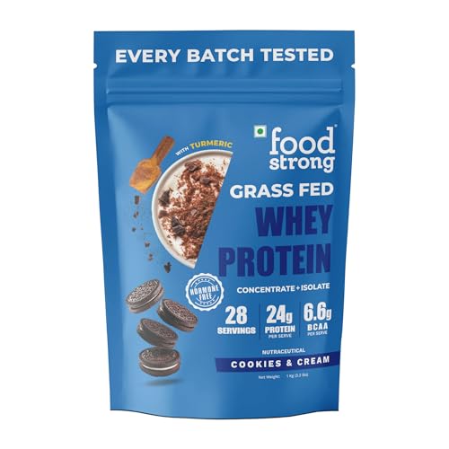 Image of Foodstrong Whey Protein Powder (Concentrate + Isolate), 100% Hormone Free Grass-Fed Whey, 24G Protein & 6.6G BCAA, Cookies & Cream, With Turmeric & Digestive Enzymes, 1KG