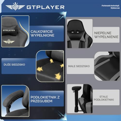 GTPLAYER Krzesło gamingowe, oddychające, ergonomiczne, wysokiej jakości materiał, ergonomiczne krzesło z poliwęglanu, regulowane oparcie w zakresie 160° i wysuwany podnóżek, nośność 180 kg, szare