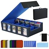 Trading Card Storage Box with Handle, 5-Row Portable Leather Game Case for 4000+ Cards,Blue Card Collection Box with Commander Display Window for MTG, Yugioh, and Sports Cards,Gifts for Card Collector