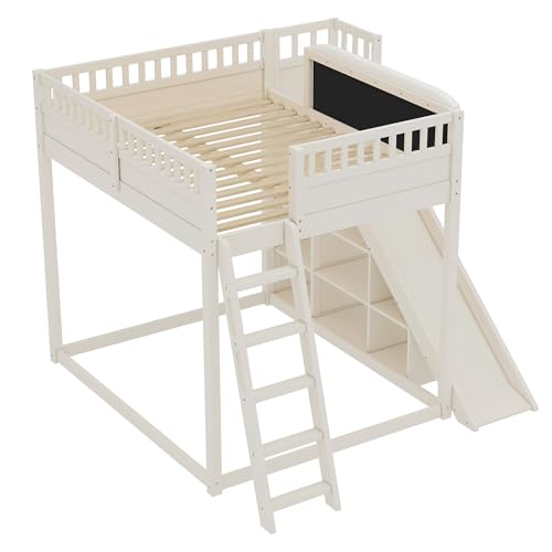 Image of Bellemave Bunk beds Full Over Full with Slide and Stair and headboard, Low bunk /loft Bed for Kids,Beige