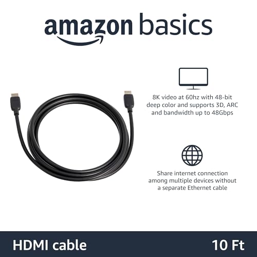 Image of Amazon Basics Ultra High Speed HDMI 2.1 Cable, 48Gbps, 8K@60Hz 4K@120Hz Certified, 10 Feet, Compatible with PS5 /Xbox /TV /Monitor, Black