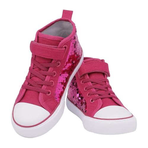 Aovog Kids Canvas Sparkly Sneakers Little Big Toddler Girls High Top Walking Princess Fashion Sparkle Glitter Shoes Strap, Hot Pink Sequin cover