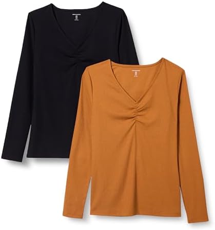 Amazon Essentials Women’s Cinched V-Neck Long Sleeve Slim-Fit Rib-Knit T-Shirt, Pack of 2